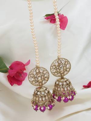 traditional kundan & pearl jhumka earrings with attachable ear chain for women  1