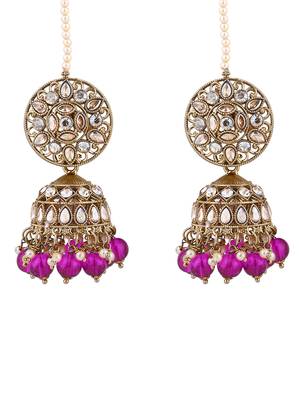 traditional kundan & pearl jhumka earrings with attachable ear chain for women  2
