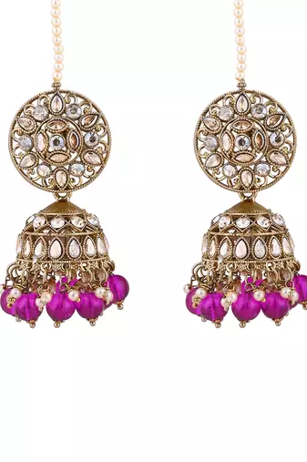 traditional kundan & pearl jhumka earrings with attachable ear chain for women 