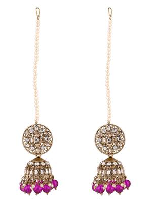 traditional kundan & pearl jhumka earrings with attachable ear chain for women  3