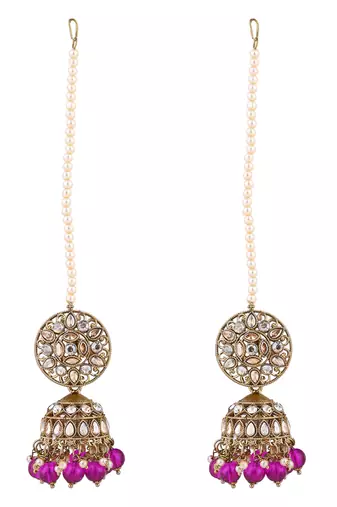 traditional kundan & pearl jhumka earrings with attachable ear chain for women 
