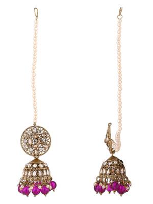 traditional kundan & pearl jhumka earrings with attachable ear chain for women  4