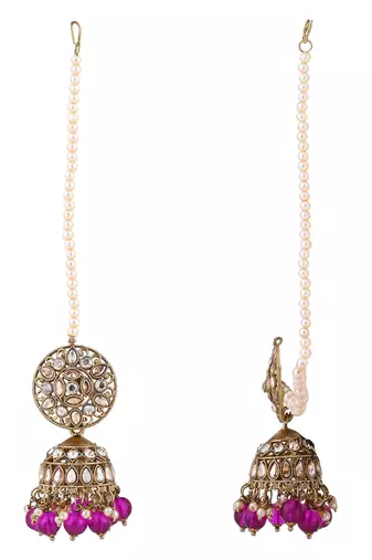 traditional kundan & pearl jhumka earrings with attachable ear chain for women 