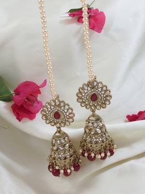 traditional kundan & pearl jhumka earrings with attachable ear chain for women  1