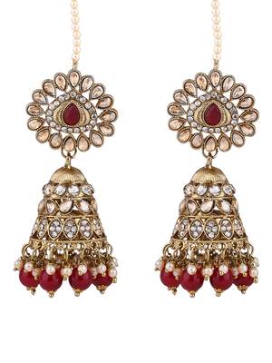 traditional kundan & pearl jhumka earrings with attachable ear chain for women  2