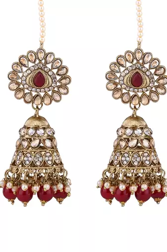 traditional kundan & pearl jhumka earrings with attachable ear chain for women 