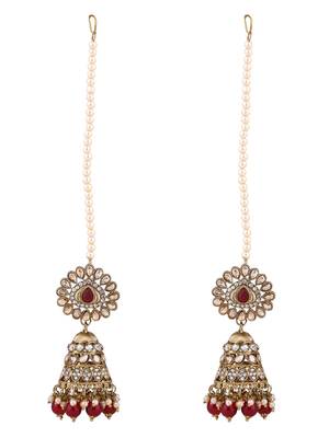 traditional kundan & pearl jhumka earrings with attachable ear chain for women  3