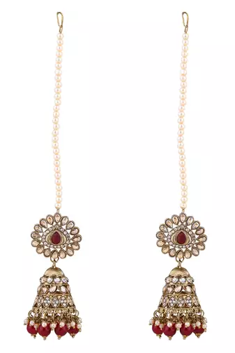 traditional kundan & pearl jhumka earrings with attachable ear chain for women 