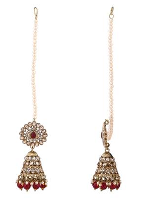 traditional kundan & pearl jhumka earrings with attachable ear chain for women  4