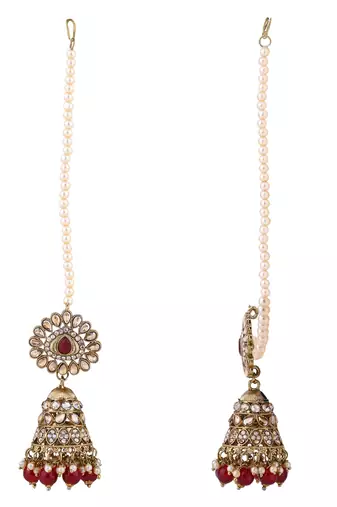 traditional kundan & pearl jhumka earrings with attachable ear chain for women 