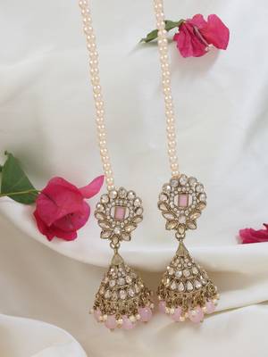 traditional kundan & pearl jhumka earrings with attachable ear chain for women  1