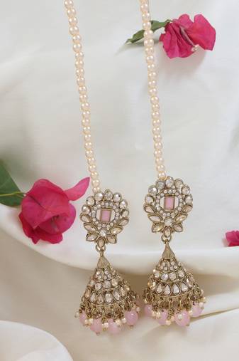 traditional kundan & pearl jhumka earrings with attachable ear chain for women 