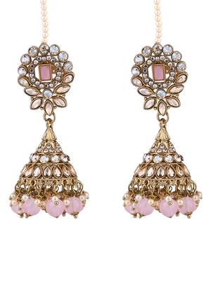 traditional kundan & pearl jhumka earrings with attachable ear chain for women  2