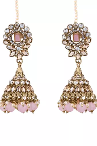 traditional kundan & pearl jhumka earrings with attachable ear chain for women 