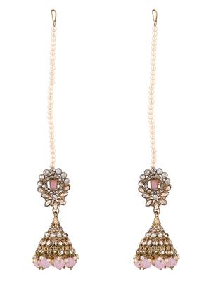 traditional kundan & pearl jhumka earrings with attachable ear chain for women  3