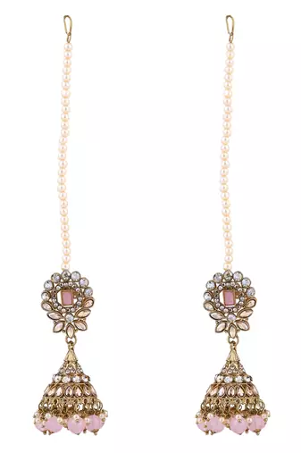 traditional kundan & pearl jhumka earrings with attachable ear chain for women 