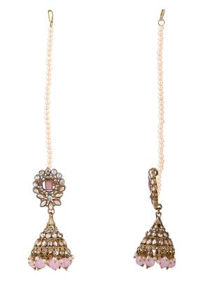 traditional kundan & pearl jhumka earrings with attachable ear chain for women  4