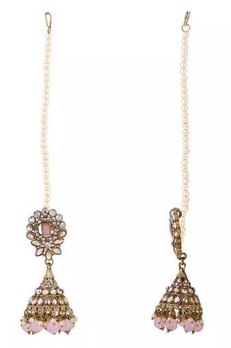 traditional kundan & pearl jhumka earrings with attachable ear chain for women 