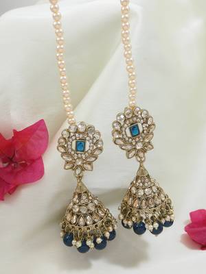 traditional kundan & pearl jhumka earrings with attachable ear chain for women  1