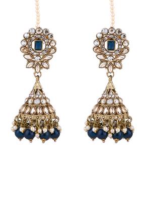 traditional kundan & pearl jhumka earrings with attachable ear chain for women  2