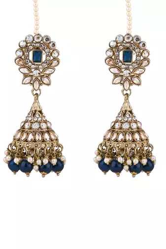 traditional kundan & pearl jhumka earrings with attachable ear chain for women 