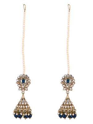traditional kundan & pearl jhumka earrings with attachable ear chain for women  3