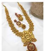 Antique gold lakshmi temple necklace set - traditional kemp ruby long haram with designer jhumkas
