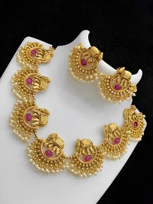 Exquisite elephant motif gold necklace set with pearl accents - traditional indian jewelry" 1