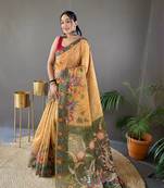 Indiatellme Yellow Cotton Silk Saree With printed Rich Pallu Along With Blouse