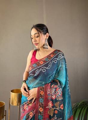 Indiatellme Teal Cotton Silk Saree With printed Rich Pallu Along With Blouse 1