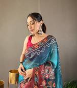 Indiatellme Teal Cotton Silk Saree With printed Rich Pallu Along With Blouse