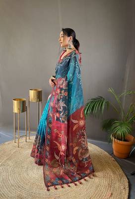 Indiatellme Teal Cotton Silk Saree With printed Rich Pallu Along With Blouse 2