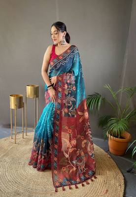 Indiatellme Teal Cotton Silk Saree With printed Rich Pallu Along With Blouse 3