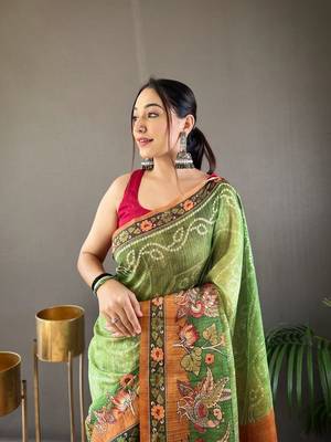 Indiatellme Mehendi Cotton Silk Saree With printed Rich Pallu Along With Blouse 2