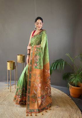Indiatellme Mehendi Cotton Silk Saree With printed Rich Pallu Along With Blouse 3