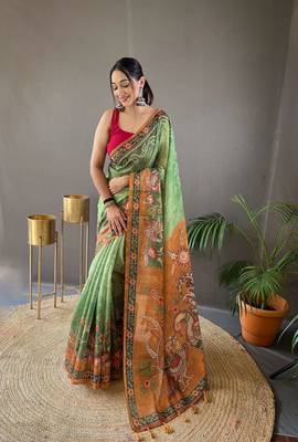 Indiatellme Mehendi Cotton Silk Saree With printed Rich Pallu Along With Blouse 1