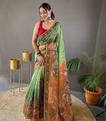 Indiatellme Mehendi Cotton Silk Saree With printed Rich Pallu Along With Blouse