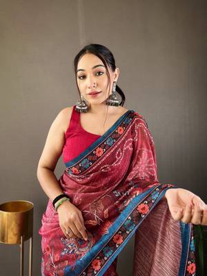 Indiatellme Red Cotton Silk Saree With printed Rich Pallu Along With Blouse 1