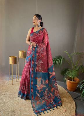 Indiatellme Red Cotton Silk Saree With printed Rich Pallu Along With Blouse 2