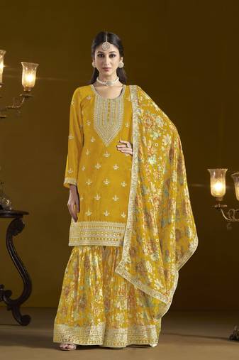 Yellow embroidered silk semi stitched sharara suit