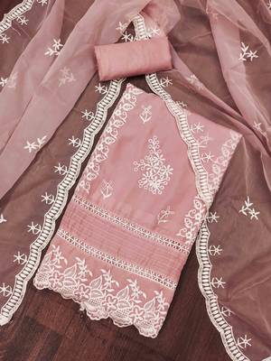 Peach Organza Embroidered Unstitched Dress Material 1