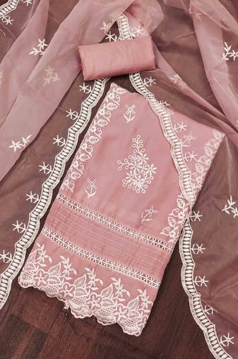 Peach Organza Embroidered Unstitched Dress Material
