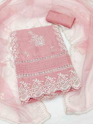 Peach Organza Embroidered Unstitched Dress Material 2