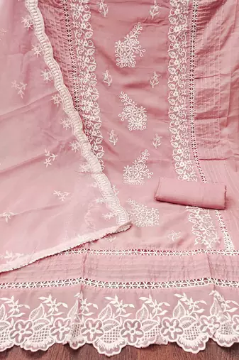 Peach Organza Embroidered Unstitched Dress Material