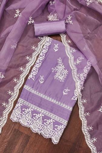 Purple Organza Embroidered Unstitched Dress Material