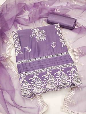 Purple Organza Embroidered Unstitched Dress Material 2