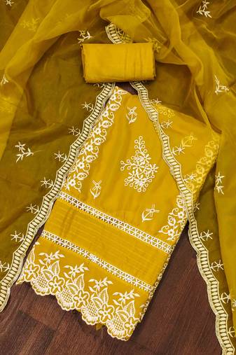 Mustard Organza Embroidered Unstitched Dress Material
