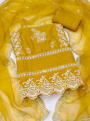 Mustard Organza Embroidered Unstitched Dress Material 2