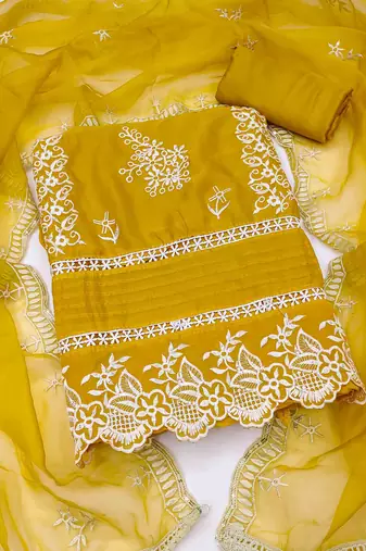 Mustard Organza Embroidered Unstitched Dress Material