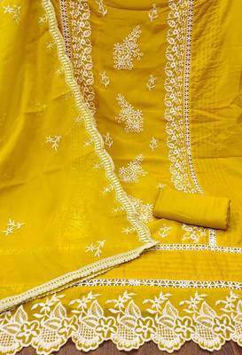 Mustard Organza Embroidered Unstitched Dress Material 3